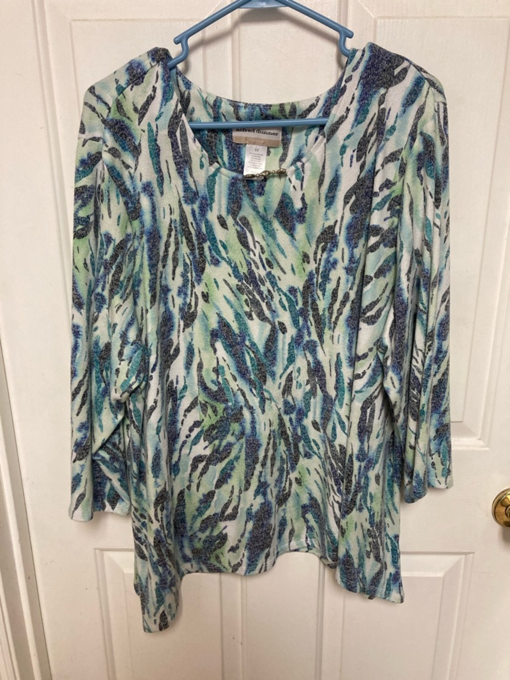 Alfred Dunner Teal Blue Abstract-Print Long Sleeve Top